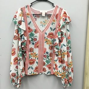 Flying Tomato White Floral V-Neck Ruffle Blouse